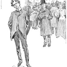 A young man gazes at a painting as most people are pressing around an exhibit on the opposite side