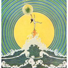 A child blows a bubble while balancing on a fish's nose in the middle of the ocean