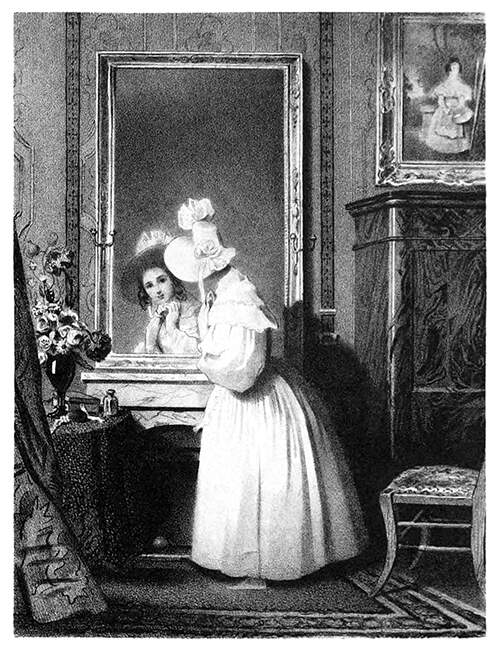 A young woman wearing light colors checks herself in the mirror before going out