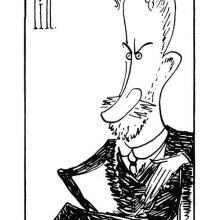 Three-quarter caricature portrait of George Bernard Shaw sitting