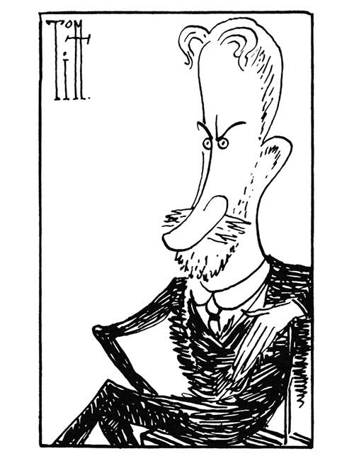Three-quarter caricature portrait of George Bernard Shaw sitting