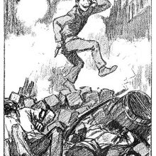 A youth stands on top of a barricade, looking distraught as two dead insurgents lie below him