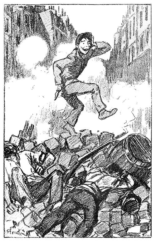 A youth stands on top of a barricade, looking distraught as two dead insurgents lie below him