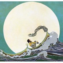 A boy is sitting in a boat rocked by the waves and stares at the sky