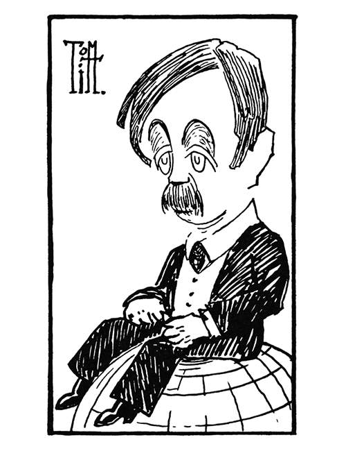 Caricature portrait of Herbert George Wells sitting on a globe and looking somewhat bemused