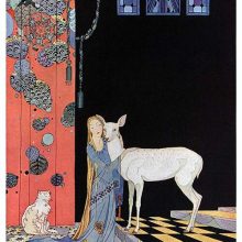 A young women kneels inside a palace to embrace a doe as a cat is sitting behind her