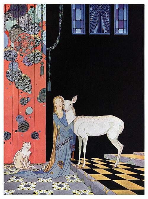 A young women kneels inside a palace to embrace a doe as a cat is sitting behind her