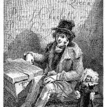 An organ grinder is sitting in the street with a poodle standing on its hind legs
