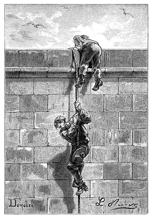 A man climbs down on a rope from the top of a wall, followed by his companion