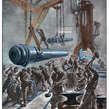 Workers are hammering steel in a factory workshop as cannons are being hoisted around