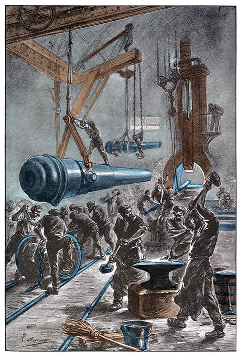 Workers are hammering steel in a factory workshop as cannons are being hoisted around