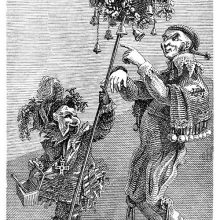 A man and a masked figure holding a basket on a stick are seen wearing fancy clothes