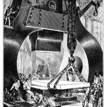 Workers are maneuvering a large piece of metal to guide it under a large steam hammer