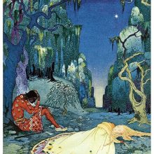 A girl lies asleep on the mossy ground of a forest as her companion is reclining against a tree
