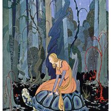A young women is traveling through a forest on a giant tortoise