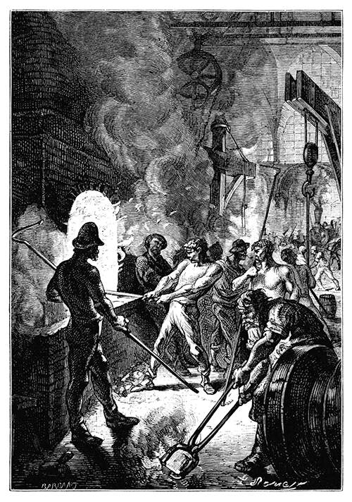 A puddler stands in front of a furnace, maneuvering the hook as a helper stays behind him