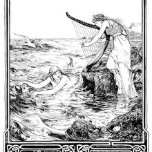 A woman plays the harp on a sea shore as a mermaid takes hold of a man in the water