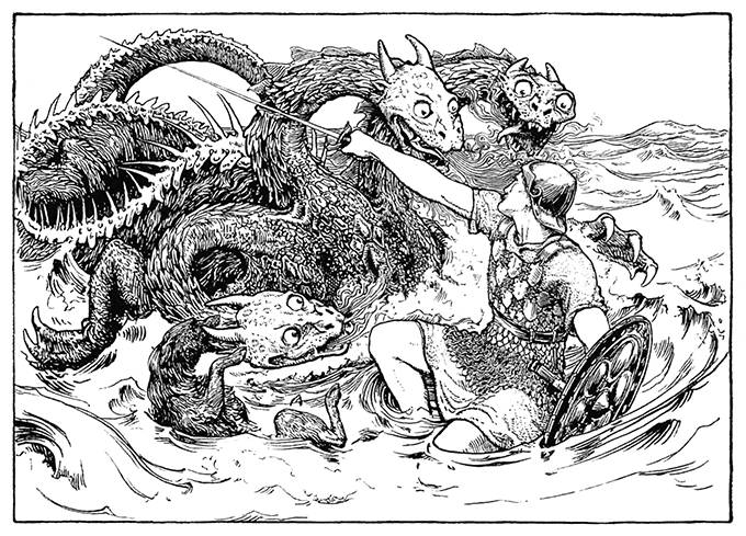 A man armed with a sword and a shield fights a three-headed sea monster