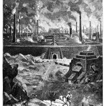 An industrial plant with tall chimneys puffing out clouds of smoke is seen from a high viewpoint