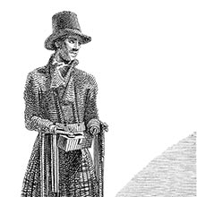 A man in a kilt and a coachman hat and missing both his hands sells boot laces in the street
