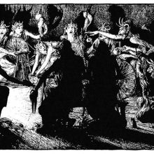 Twelve horned women have gathered to spin wool in the contrasted lighting of a fireplace