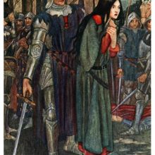 A distraught woman steps forward as a knight in armor stands behind her holding a sword