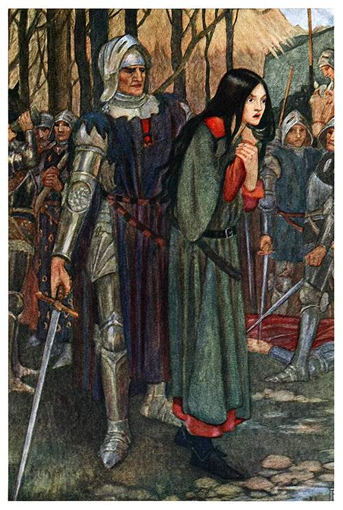 A distraught woman steps forward as a knight in armor stands behind her holding a sword