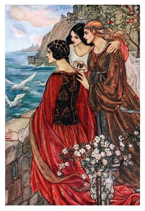 Three women stand on a terrace overlooking the sea and gaze at the horizon as gulls flutter about