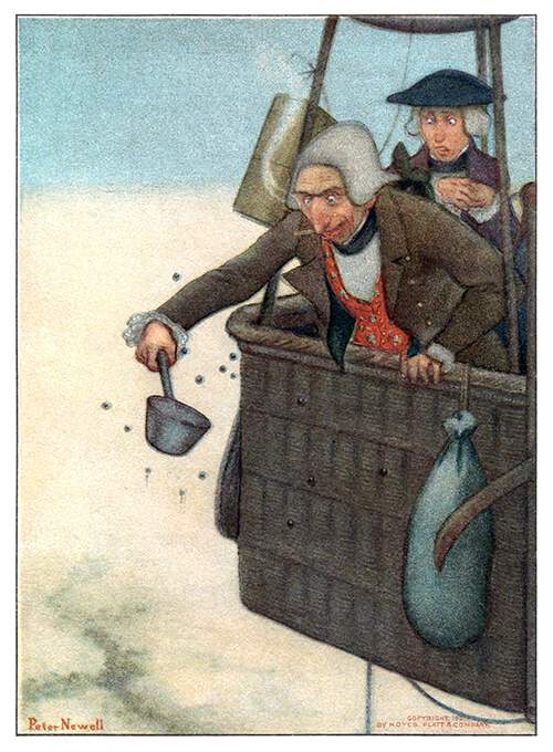 Baron Munchausen stands in the gondola of a balloon, catching bullets with a tin dipper