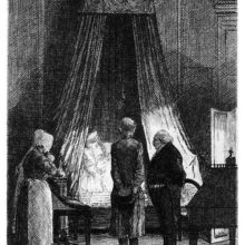 Two men and a woman are standing by the bed of a dying man seen from the side