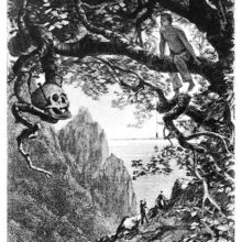A man is sitting astride a large tree branch as a human skull can be seen in the foreground