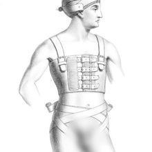 Medical plate showing a man wearing head and groins bandages and a rib belt