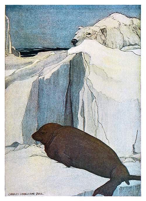 A seal is lying on an ice field, unaware of the polar bear crouching above its head