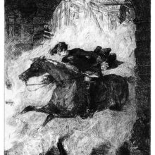 A man on horseback shoots through the arched gate of a burning castle