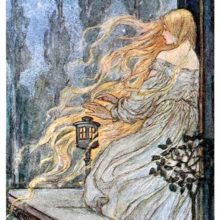 A woman is standing on her balcony, letting her loose, flame-like hair flow in the wind