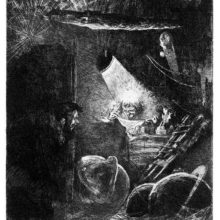 An old man is reading at his desk as another man spies on him, hidden behind the door