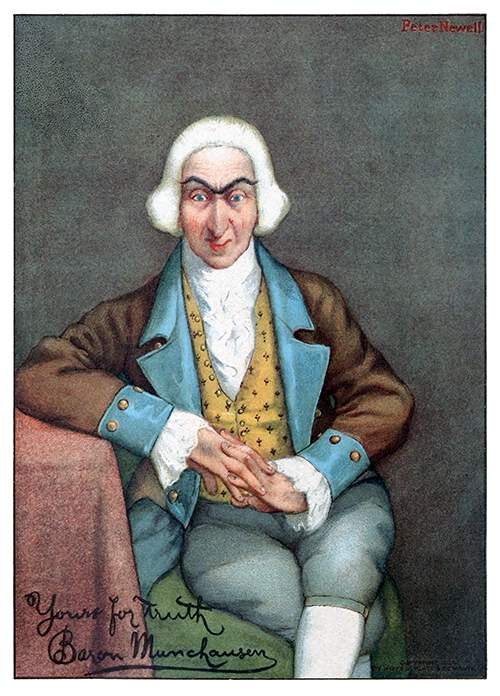 Full face portrait of Baron Munchausen sitting on a chair with one elbow resting on a table