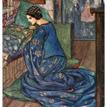A woman is kneeling by the side of her bed, looking pensive