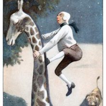 Baron Munchausen runs up the neck of a giraffe to escape a lion chasing after him