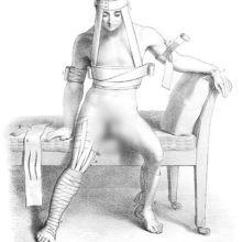 Medical plate showing a sitting man wearing a variety of bandages on his limbs, chest, and head