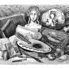 An antique bust wreathed with laurels is in the middle of a collection of art tools and materials