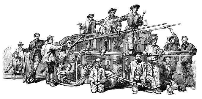 View of Ferroux's pneumatic boring machine with its operating crew of workers