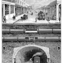 Cross section of a London street showing the surface, the gas and water mains, and the underground