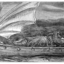 A knight on his last journey lies in a small boat with a figurehead in the shape of a swan