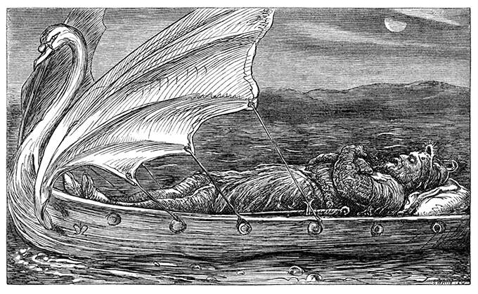 A knight on his last journey lies in a small boat with a figurehead in the shape of a swan