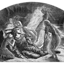 A knight lies on beach, pretending to be asleep as fairies approach him to touch and feel him