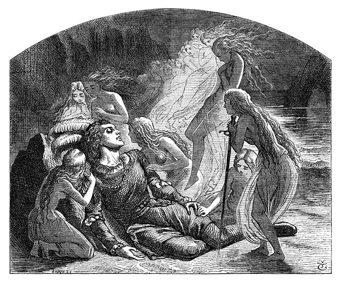 A knight lies on beach, pretending to be asleep as fairies approach him to touch and feel him