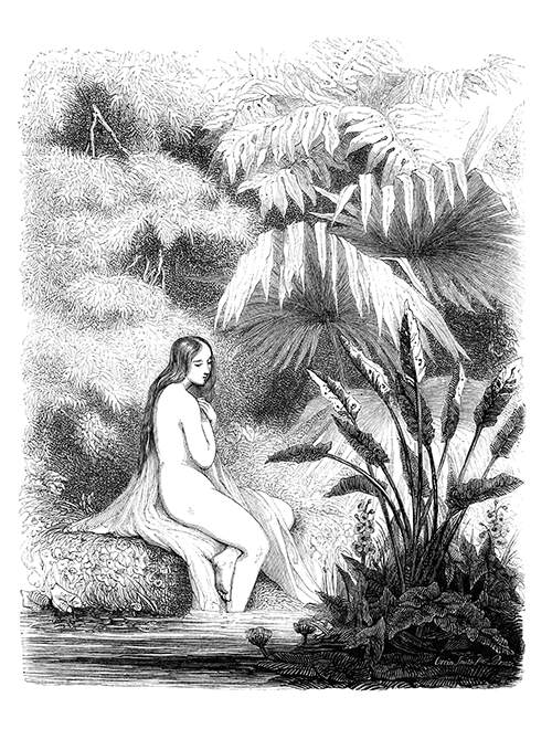 A young woman is sitting half-naked on a riverbank, surrounded by tropical vegetation