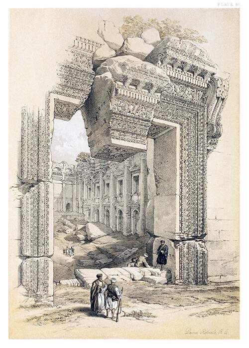 Monumental doorway of the Temple of Bacchus at Baalbek, showing a loose lintel keystone