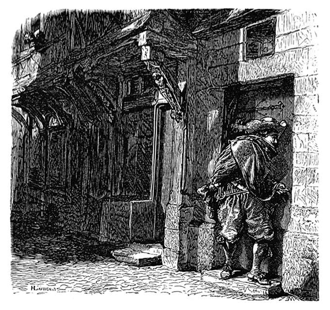 A man stands on a doorstep at night, leaning toward the door as though whispering